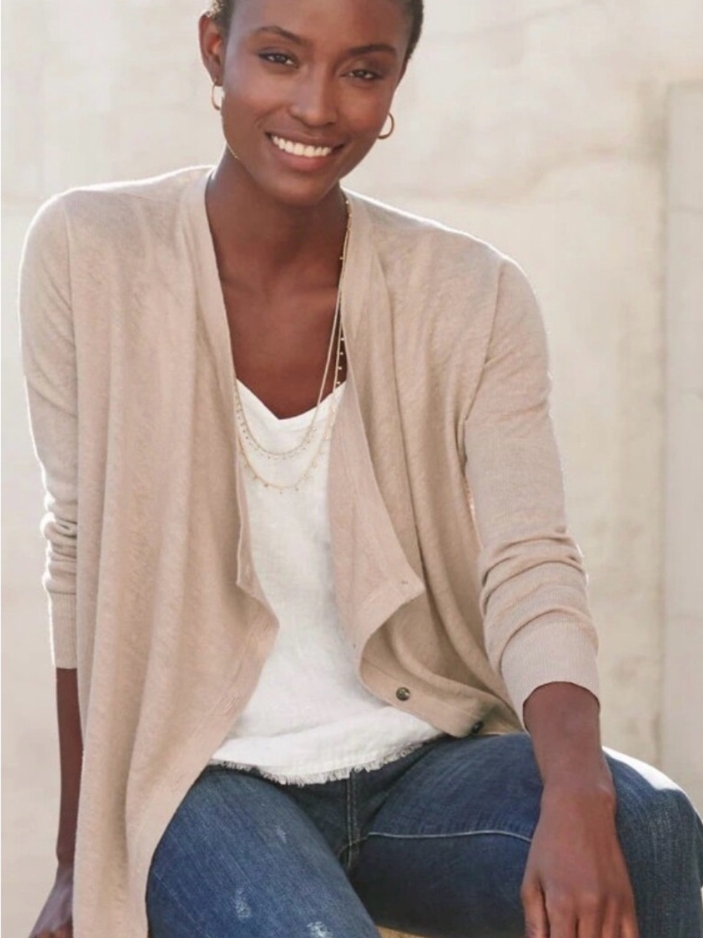 Garnet Hill Light Beige Open-Front Draped Cardigan